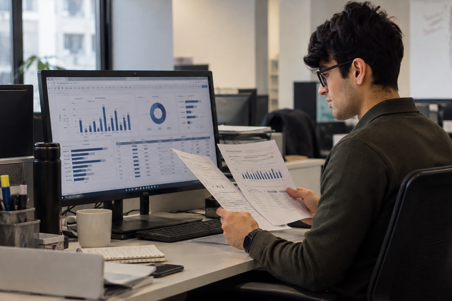 Analista revisa indicadores y gráficos de un dashboard para evaluar la calidad de datos en RR.HH.